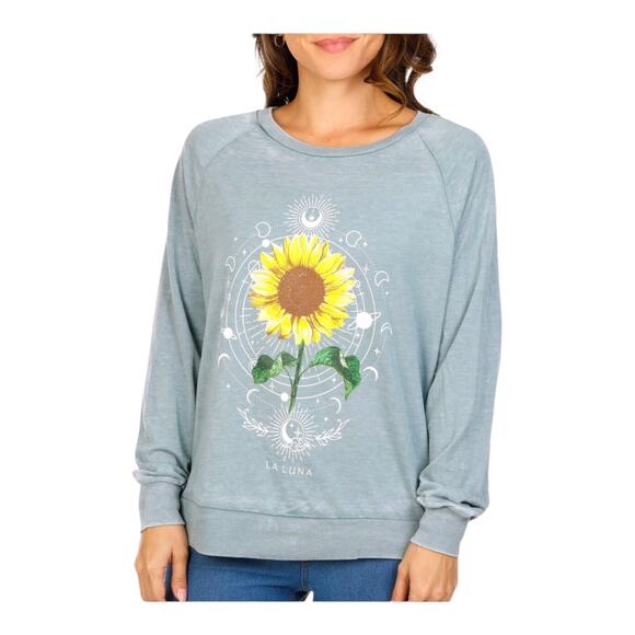 Miken Flow La Luna Sunflower Sweatshirt Gray Pullover Long Sleeve Women's Small - Picture 1 of 10